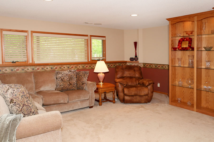 Couch and bookshelf in the basement